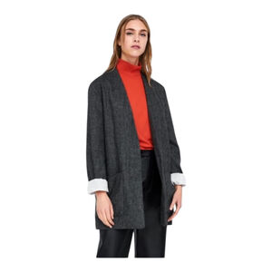 Zara Wool Blend Oversized Herringbone No Lapel Boyfriend Blazer Academia Jacket